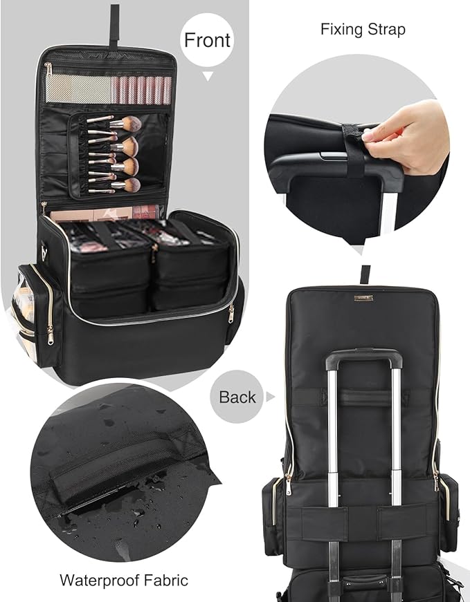 Extra Large Makeup Bag Makeup Artist Bag Professional Cosmetic Bag Travel Organizer Train Case with 4 Small Packet and Adjustable Dividers(Black, Extra Large)