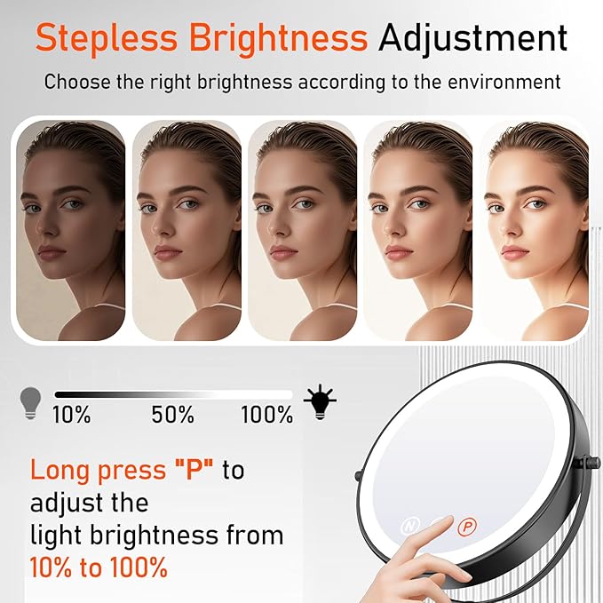 Makeup Mirror with Lights, 20X Magnifying Mirror with Light for Women, 5000 mAh Vanity Mirror with Lights and 3 Colors, 2-Sided Lighted Magnified Mirrors for Delicate Makeup, 9 Inch, Black