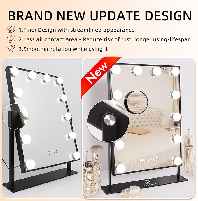 FENCHILIN Lighted Makeup Mirror Hollywood Mirror Vanity Makeup Mirror with Light Smart Touch Control 3Colors Dimable Light Detachable 10X Magnification 360°Rotation(Black)