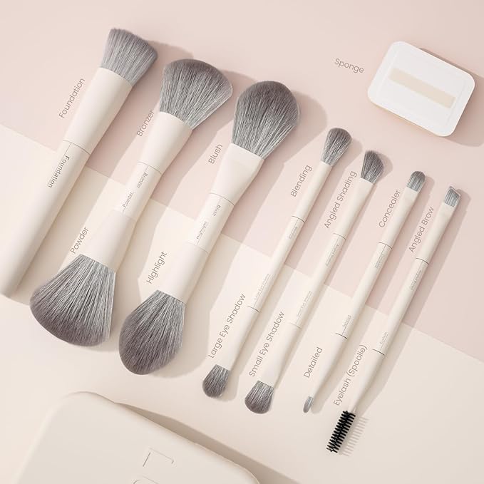 13-in-1 Dual-Ended Makeup Brush Set with Sponge & Travel Case – 7 Multi-Functional Brushes for Face & Eyes – Soft Bristles, Wooden Handles – Available in Cream, Green, or Pink (Cream White)