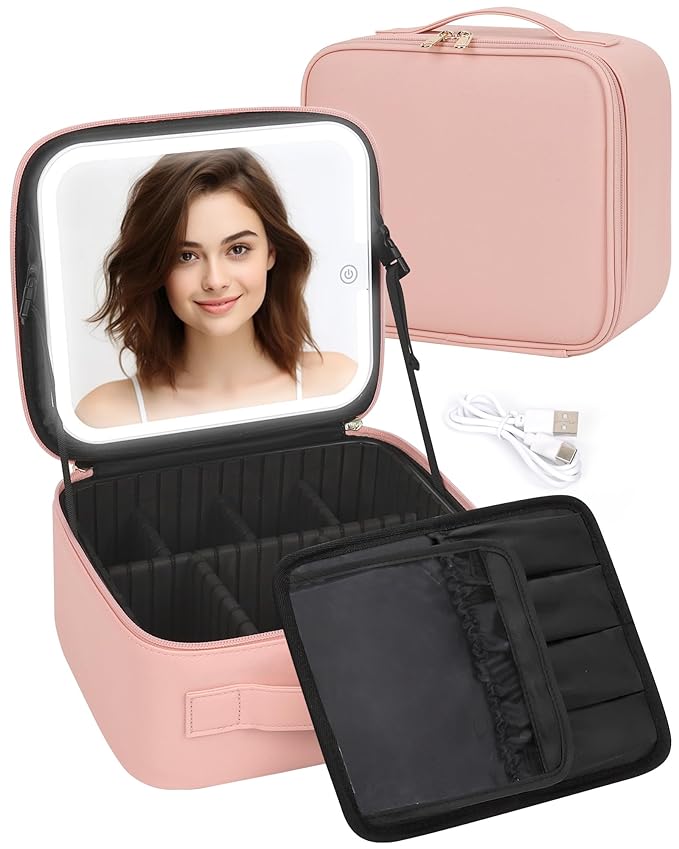 Makeup Bag With LED Mirror, Travel Makeup Case with Light up Mirror Large Cosmetic Case with 3 Color Lighted Portable Professional Organizer Bag with Adjustable Dividers（Pink）