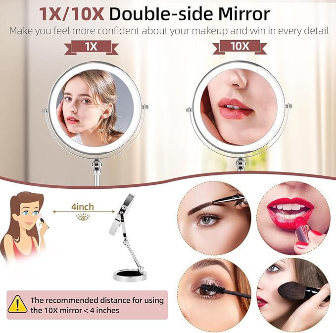 8" Rechargeable Lighted Makeup Mirror with Magnification, Adjustable Height & Brightness 1X/10X Double Side Magnifying Mirror with Light, 3 Color Lighting 360° Rotation Storable Base, Chrome