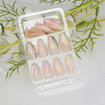 French Tip Press on Nails Almond Medium Fake Nails with Light Pink Yellow Star Rhinestones Designs Nails Press ons Glossy Acrylic Nail Cute Stick on Nail for Women 24 Pcs