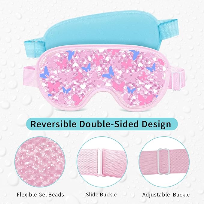 2PCS Cooling Eye Mask Gel Eye Mask, Reusable Hot Cold Therapy cold eye mask for Post Surgery, Puffiness, Dark Circles, Eye Bags, Dry Eyes, Migraines with Soft Plush Backing (Butterfly+Leaves)