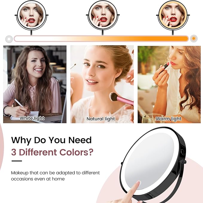 8" Vanity Mirror with Lights Rechargeable, 1X/10X Magnifying Makeup Mirror with Touch Screen, 54 LED Adjustable Brightness, 3 Color Modes, 360° Rotation for Tabletop & Bedroom