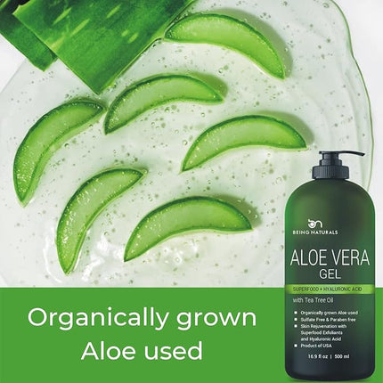 Being Naturals Aloe vera Gel - from 100% Pure Organic Aloe - Natural Raw Moisturizer for Face, Body, Hair. Perfect for Sunburn, Acne, Razor Bumps 16.9 fl oz (Tea Tree, Superfood, Hyaluronic Acid)