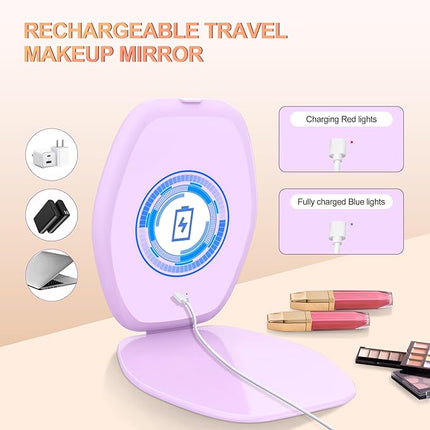 Travel Makeup Mirror with Light: 3 Color Lighting Portable Mirror with Touch Screen Rechargeable Adjustable LED Lights Hexagon Vanity Mirror for Travel, Desk, Home (Purple)
