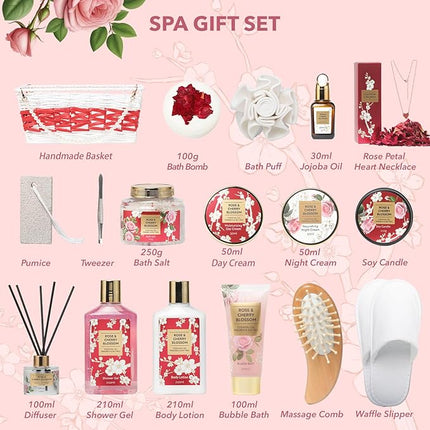 Valentines Day Gifts for Women - 19-Piece Luxury Rose & Cherry Blossom Spa Gift Basket Set Bath and Body Gift Sets Care Kit with Necklace | Christmas Gifts, Mothers Day Gifts Baskets for Mom, Wife