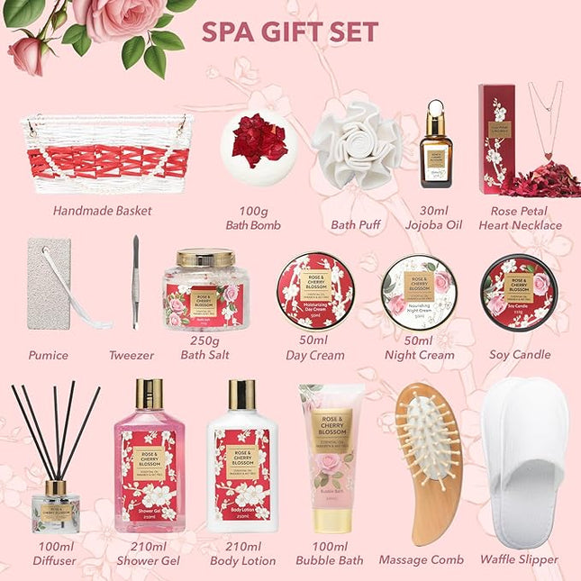 Valentines Day Gifts for Women - 19-Piece Luxury Rose & Cherry Blossom Spa Gift Basket Set Bath and Body Gift Sets Care Kit with Necklace | Christmas Gifts, Mothers Day Gifts Baskets for Mom, Wife