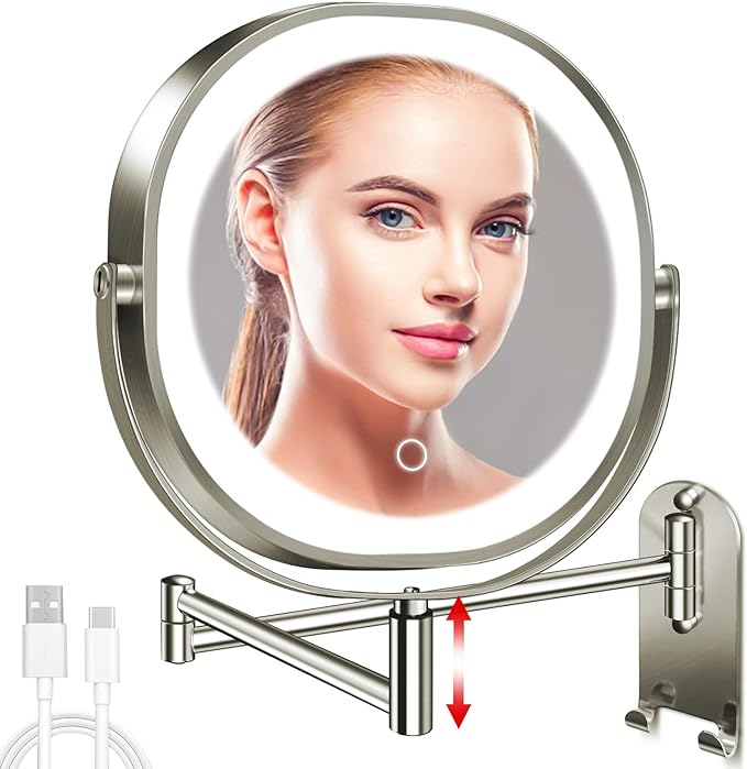 9" Wall Mounted Lighted Makeup Mirror, 3000mAh Rechargeable Double Sided 1X/10X Magnifying Mirror with Hook, 3 Color Lights Dimmable 360° Rotation Vanity Mirror for Bathroom