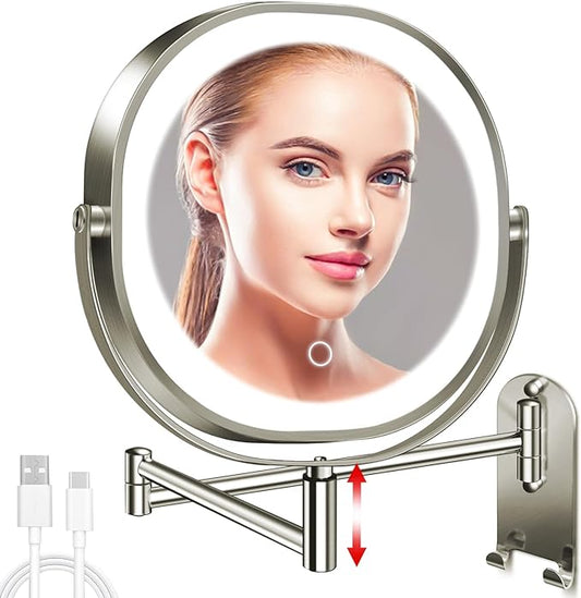 9" Wall Mounted Lighted Makeup Mirror, 3000mAh Rechargeable Double Sided 1X/10X Magnifying Mirror with Hook, 3 Color Lights Dimmable 360° Rotation Vanity Mirror for Bathroom