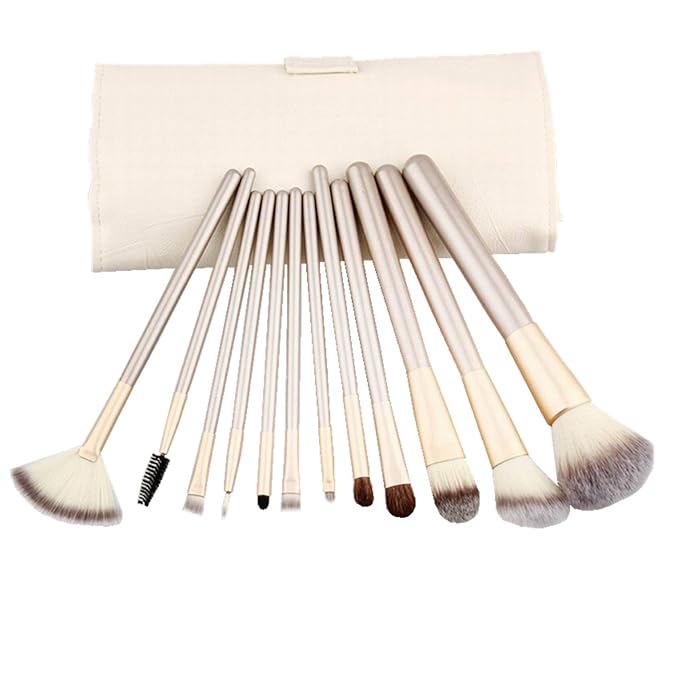 12 Piece Makeup Brushes Set | Horse Hair Professional Kabuki Makeup Brush Set Cosmetics Foundation Makeup Brushes Set Kits with White Cream-colored Case Bag