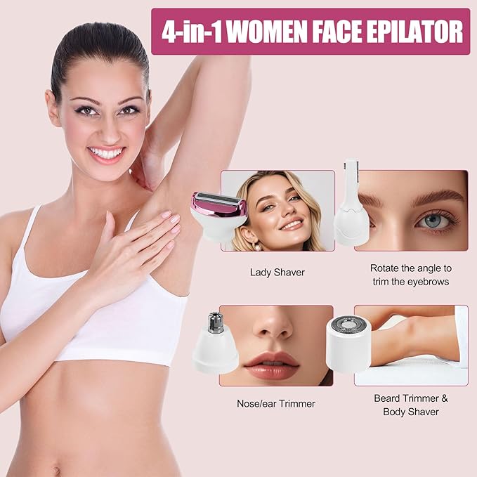 Women Face Epilator, 4-in-1 Portable Design Facial Epilator, Rechargeable Facial Hair Removal for Women & Men, Waterproof Facial Shaver for Face, Ears, Nose, Eyebrow, Body