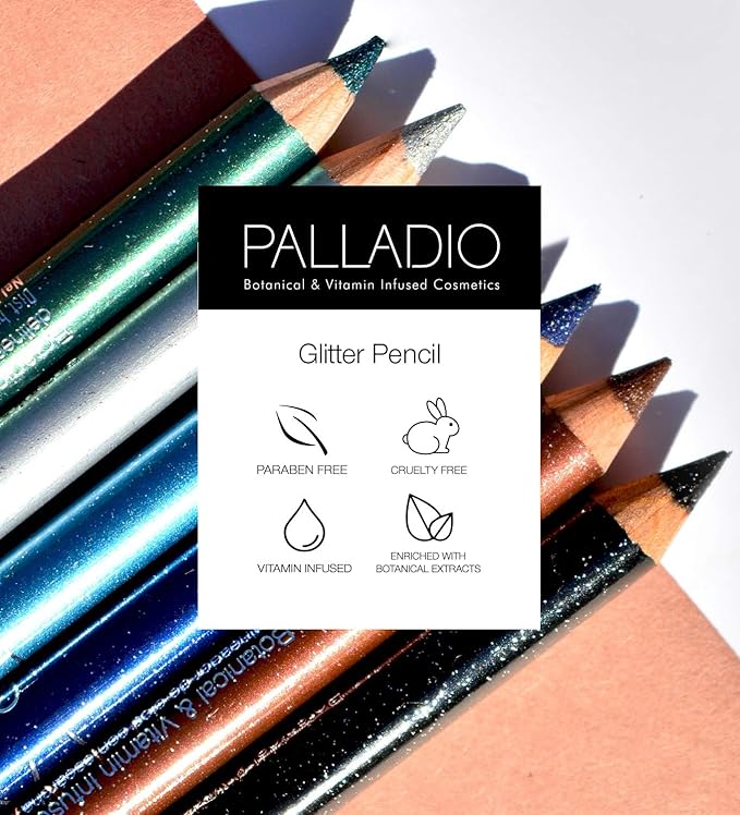 Palladio Glitter Eyeliner Pencil, Longlasting Creamy Cosmetic, Shimmer Eye Liner, Buttery Smooth Tip, Professional Makeup Glittery Pencil, Sharpenable, Black Sparkle