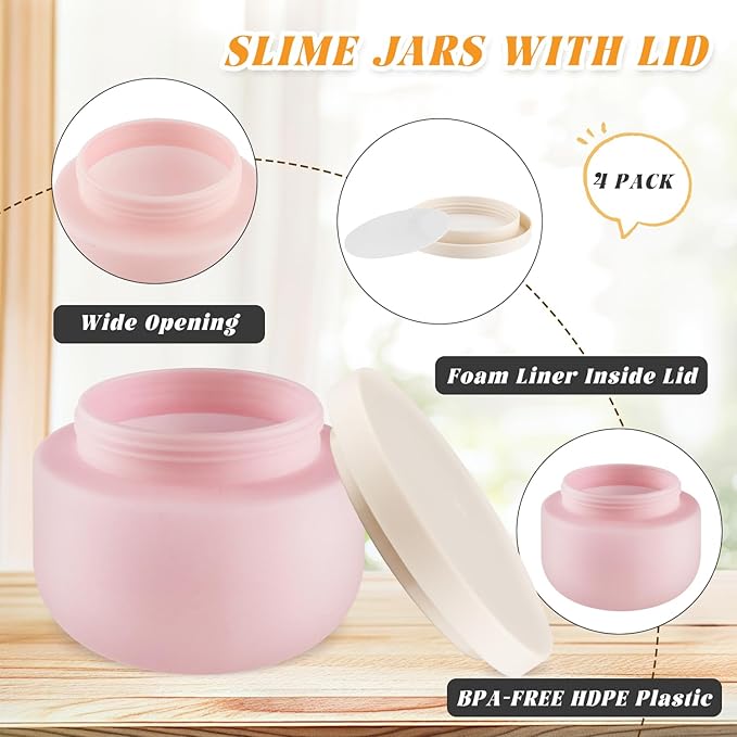 4 Pack 8 OZ Plastic Jars Round Cosmetic Container with Lids,Wide Mouth Soft Slime Jars for Lotion,Hand Cream,Ointments,Makeup,Body Butter,Rhinestone,Samples Pot Travel Make Up Storage (Pink)