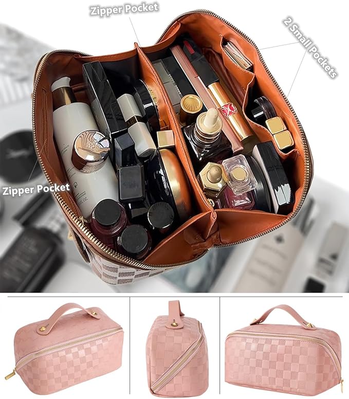 Checkered Travel Makeup Bags Cosmetic Organizer Bag: 2-Set Large Capacity Waterproof Makeup Bag - PU Leather Toiletry Bag for Women - Wide Open Portable Pouch with Handle and Divider (PINK)