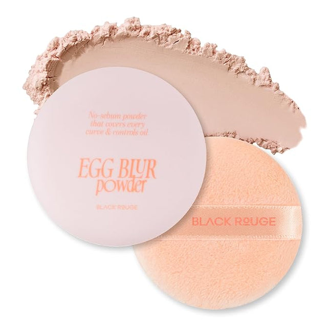 BLACK ROUGE, Egg Blur Powder, EP02 Nu peach, Loose Face Powder, Korean Makeup Oil Control Compact with Puff, Lightweight Long-Lasting Setting Powder in White, Peach & Purple, 0.17oz