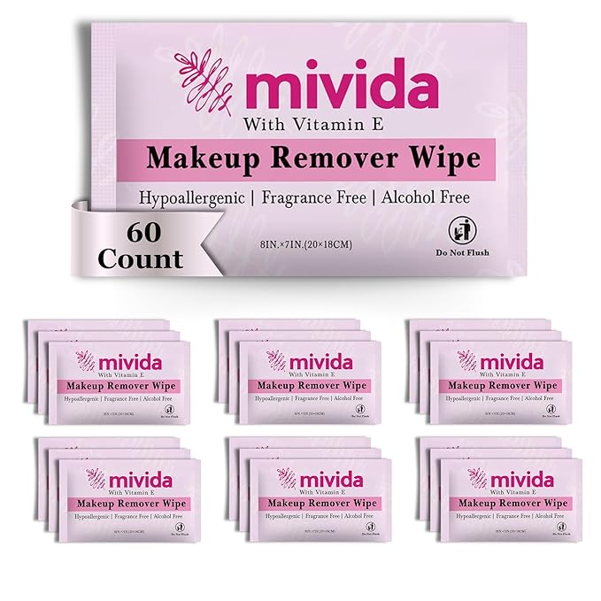 mivida 60 Count Individually Wrapped Makeup Remover Wipes With Vitamin E | Fragrance-Free, Alcohol-Free Hypoallergenic single make up removing wipes | Hotel Travel Size Toiletries