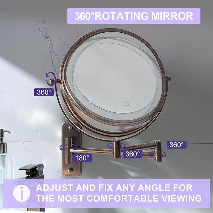 JANEEVA 8 inch Wall Mounted Lighted Makeup Mirror, Rechargeable Double Sided 1X/10X Magnifying Mirror with 3 Color Lights, Touch Dimming Vanity Mirror for Bathroom,Oil Rubbed Bronze