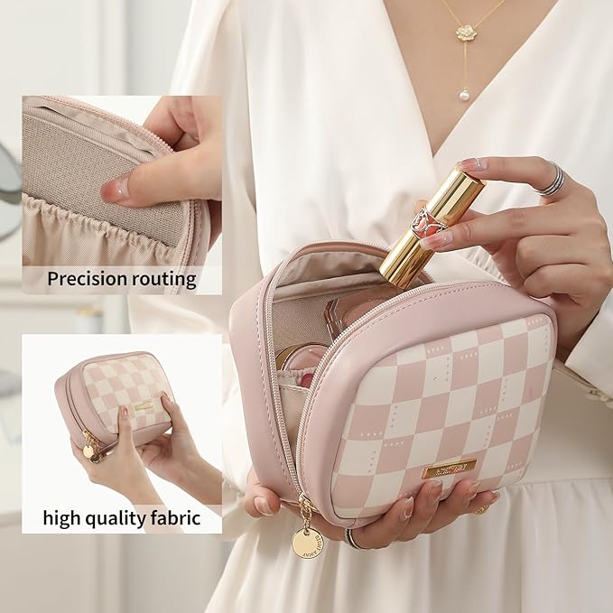 RIGHT AWAY Makeup Bag,Travel Cosmetic Bag Organizer with Zipper,Waterproof Toiletry Bags Makeup Pouch for Purse, Small Make Up Bag &Cases with Compartments for Women Girls（Pink Checkerboard）