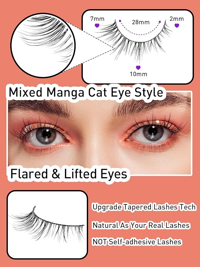 Natural Eyelashes 10MM Short Lashes Cat Eye Lashes Wispy False Eyelashes Manga Lashes Soft Strip Lashes 3D Volume Lashes Fake Eyelashes 7 Pair Siligli