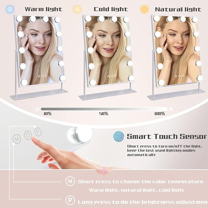 COOLJEEN Makeup Mirror Vanity Mirror with Lights - 12 Led Bulbs Lighted Hollywood Mirror, 10X Magnification,3 Color Modes, Touch Control, Women Gift (White)