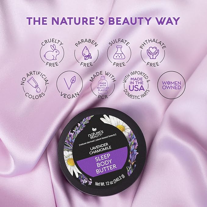 Nature's Beauty Lavender Chamomile Sleep Body Butter Multi-Pack - Sleep Well Luxury Rich Moisturizer, Relax + Calm Your Skin, Made w/Shea Butter, Jojoba + Moringa Seed Oils, 12 oz (2 Pack)