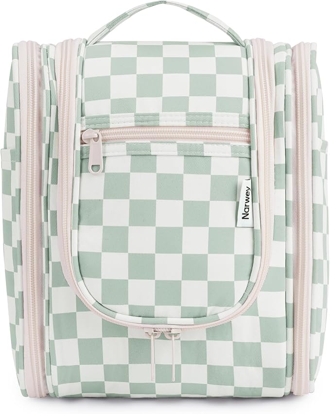 Narwey Small Checkered Hanging Travel Toiletry Bag for Women, Travel Bag for Toiletries, Makeup Bag Organizer Cosmetic Bags Make Up Bags for Women (Mint Green Checkerboard)
