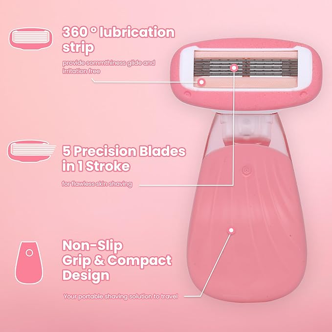 Women Razors for Sensitive Skin, Travel Razors Shaving Kit Essential - 5-Blade for Sensitive Skin - Bikini, Legs, Underarms - 1 Handle & 3 Refill Cartridges - Pink