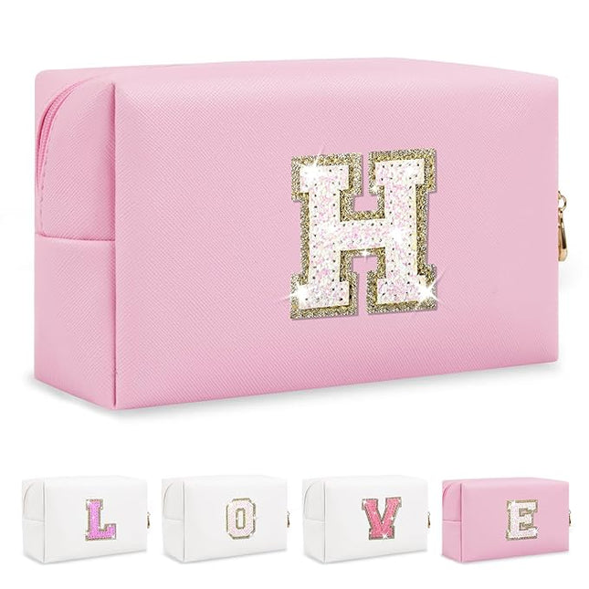 Small Personalized Initial A-Z Patch Makeup Bag,Pink Cute PU Leather Glitter Letter Cosmetic Bag for Teen Girls,Travel Toiletry Bag with Zipper,Preppy Monogrammed Birthday Gift for Daughter Niece H
