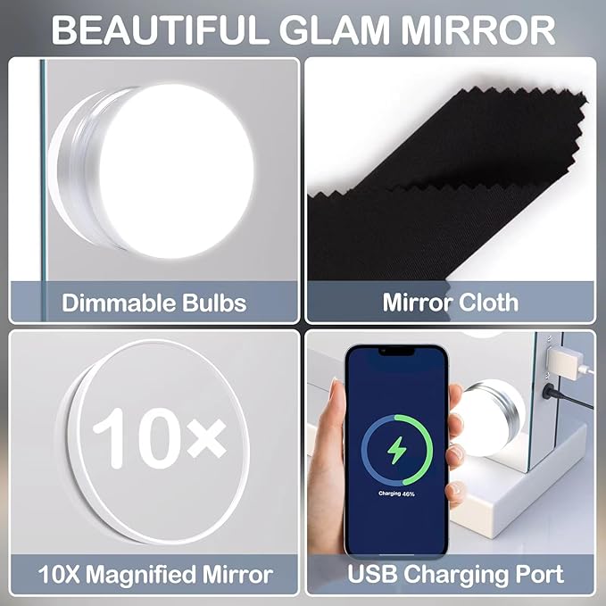 24 Extra Bulbs Vanity Mirror with Lights, 32WX24L Tabletop Hollyhood Makeup Mirror USB+Type-C Charging, Hollywood Lighted Mirror,3 Colors Modes,Touch Control,Metal Frame,White