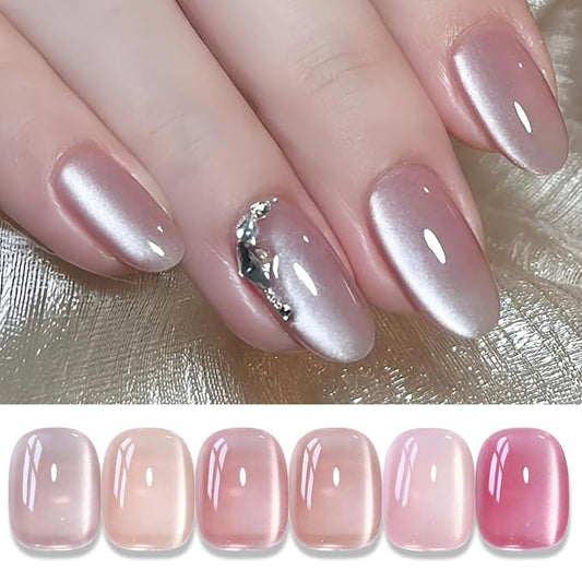 Double Rhythm Cat Eye Gel Polish Set 6 Colors Shimmer Glitter with Magnet Holographic Reflective Magnetic UV Gel Polish Art Kit (Glass Jelly Nude Pink 6-Kit 35)