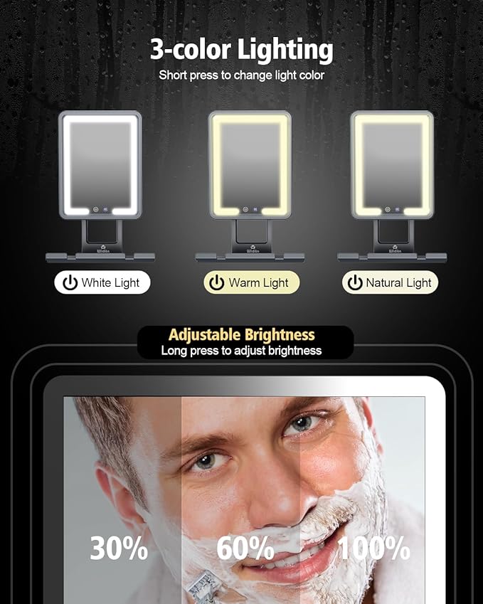 Lighted Shower Mirror Fogless for Shaving, Heated Fogless Shower Mirror with 3 Colors Stepless Dimmable Lights, Rechargeable Adjustable Shaving Mirror with Razor Stand, Brush Holder for Men