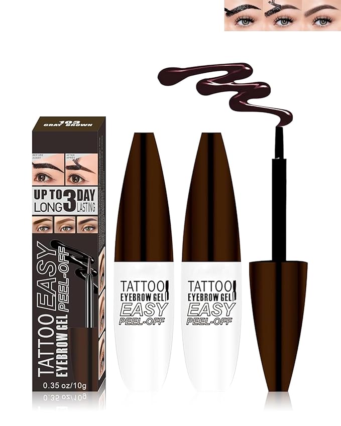 2 Pcs Tattoo Peel Off Eyebrow Gel Tinting Set,Peel Off Gray Brown Tinted Eye Brow Long Lasting up to 3 Days Waterproof Transferproof Eyebrow Tattoo Women Brow Makeup Full& Defined Looking Brow-03