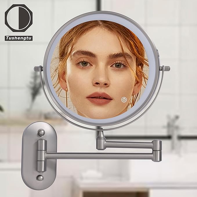 Rechargeable Wall Mounted Lighted Makeup Vanity Mirror with 10X/1X Magnification for Shaving, 8Inch Brushed Nickel Magnifying Mirror Makeup Wall Mounted with Light,13 Inch Extendable (8CB-N10X)
