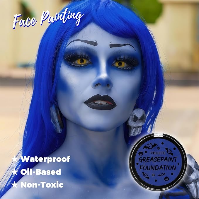 Blue Cream Face Body Painting Foundation, Professional Full-coverage Oil Based Blue Face Paint Halloween SFX for Corpse Bride Avatar Cosplay Makeup for Adult Carnival & Stage Performance
