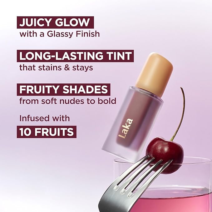 Laka Fruity Glam Tint, 4.5g/0.15 oz., Glowing Lip Stain with Wide Color Spectrum, Hydrating & Lightweight Texture, Long-Lasting Bold Stain, Non-Sticky, Vegan, K-Beauty (#101 Joyful)