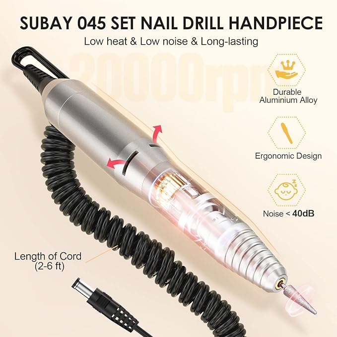 SUBAY Professional Finger Toe Nail Care Electric Nail Drill Machine Manicure Pedicure Kit Electric Nail Art File Drill with 1 Pack of Sanding Bands, White