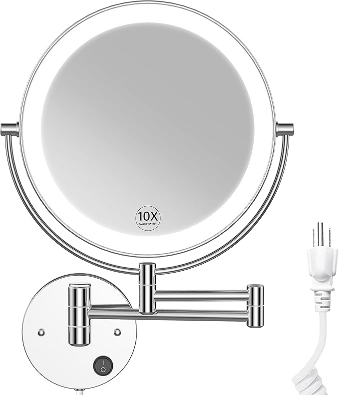 Benbilry 9" Large Size Wall Mounted Lighted Makeup Vanity Mirror, 1X/10X Magnifying 2-Sided AC Plug-in Powered Bathroom Mirror, 360° Swivel 13 Inch Extendable Arm, Chrome