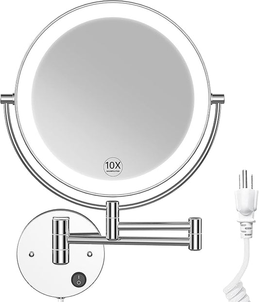 Benbilry 9" Large Size Wall Mounted Lighted Makeup Vanity Mirror, 1X/10X Magnifying 2-Sided AC Plug-in Powered Bathroom Mirror, 360° Swivel 13 Inch Extendable Arm, Chrome