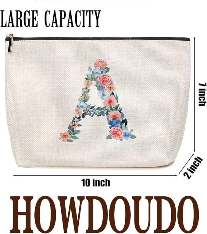 Initial Makeup Bag Monogrammed Travel Toiletry Bag Monogram Cosmetic Bag Birthday Christmas Bridal Shower Bridesmaid Gifts Personalized Gifts for Women Bride Teacher Sister, Floral Letter A