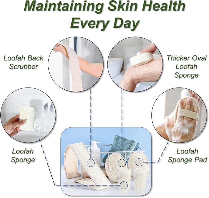 Natural Loofah Sponge, Exfoliating Body Scrubber for Men Women, Loofah with Handle, Exfoliating Back Scrubber for Shower Set, Deeply Clean & Invigorate Your Skin (5 pcs in Box)