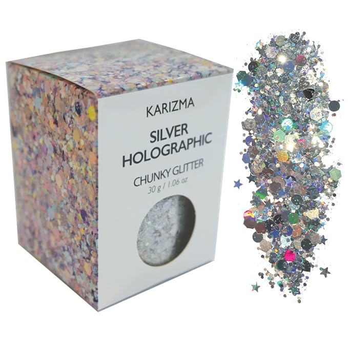 KARIZMA Holographic Silver Body Glitter - 30g Chunky Face, Hair, Eye & Body Glitter Set for Women - Rave & Festival Accessories