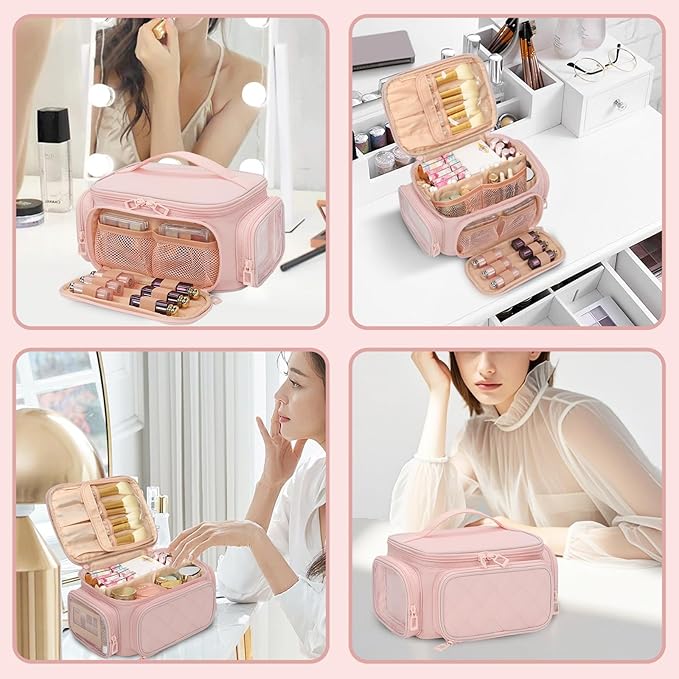 OCHEAL Large Makeup Bag,Cosmetic Organizer for Women with Zipper Pouch and Side Pocket, Multifunctional Compartments and Dividers,Travel Makeup Case for Toiletries, Brushes & Beauty Tools-Pink
