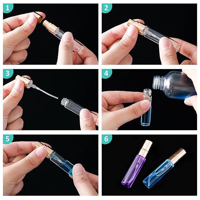 Zhehao 50 Pcs Mini Spray Bottles 5 ml Clear Glass Perfume Bottles Refillable Fine Mist Perfume Atomizer Portable Empty Sample Containers for Cleaning, Essential Oils, Travel (Gold Cap)