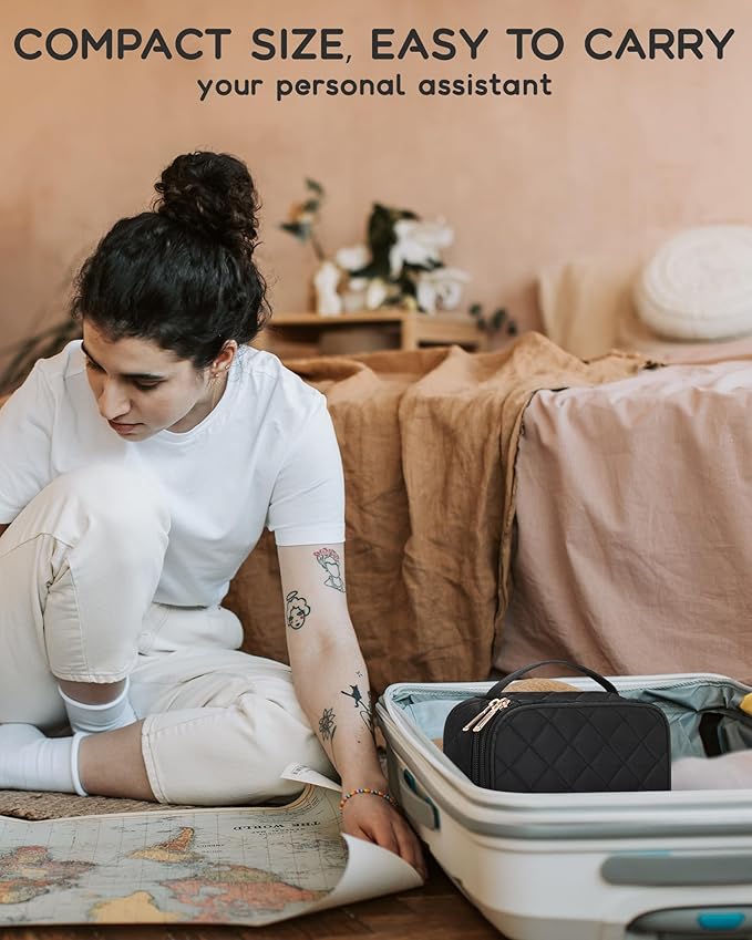 Relavel Small Makeup Bag, Travel Cosmetic Bag with Makeup Brush Compartment, Cute Make Up Pouch for Women, Double Layer Toiletry Organizer for Short Trip, Office - Black