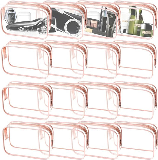 16 Pieces Clear Makeup Bags Bulk, TSA Approved Toiletry Bag for Travel, PVC Waterproof Travel Pouches Clear Pouch with Zipper for Men and Women Carry-on Travel Essentials Cosmetic Bags (Peach Pink-M)