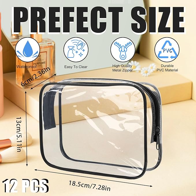 12 Pcs Clear Toiletry Bag PVC Waterproof Zippered PVC Cosmetic Makeup Carry Pouch TSA Approved Toiletry Bag for Travel Clear Organizer Storage Bags (Medium, Black)