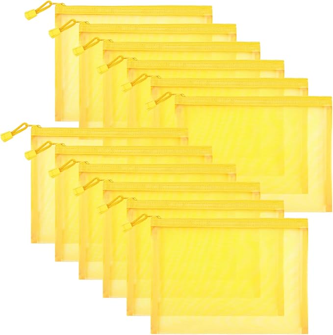12 Pieces Zipper Nylon Mesh Pouch, Mesh Cosmetic Bags Makeup Bags Pencil Case, Multipurpose Travel Bags for Cosmetic School Office Supplies and Travel Accessories (Yellow, A5)