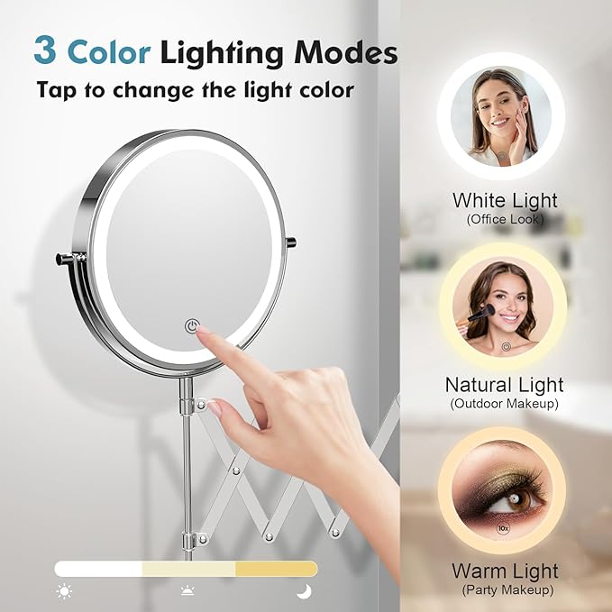 Rechargeable Wall Mounted Makeup Mirror - 8 Inch Double Sided 1X/10X Magnifying Mirror with 3 Color Lights Dimmable Touch Screen, 360°Swivel 19.6 Inch Extendable Accordion Bathroom Mirror - Chrome